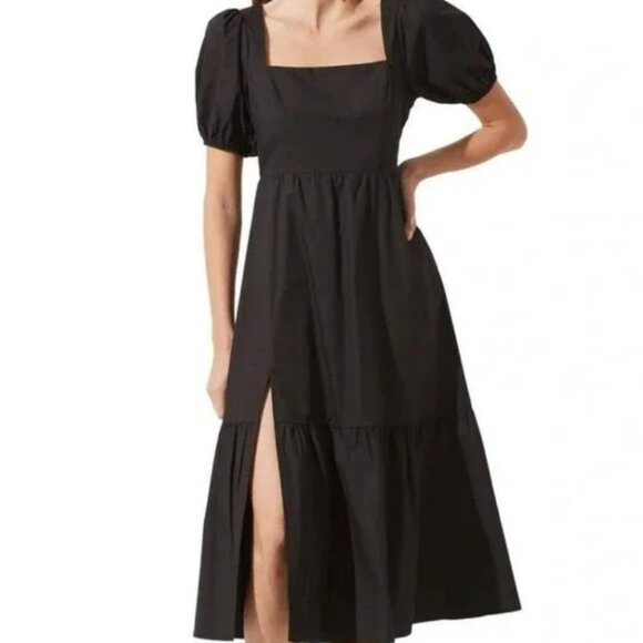 ASTR the Label Black Cotton Poplin Tiered Puff Short Sleeve Midi Dress Size XL - Picture 11 of 12